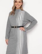 palma Rochie Midi Gri deschisă cu guler semi-înalt cu croială dreaptă și curele Pregora