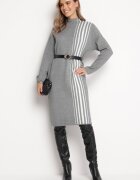 palma Rochie Midi Gri deschisă cu guler semi-înalt cu croială dreaptă și curele Pregora