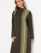 palma Rochie Midi Verde închis cu guler semi-înalt cu croială dreaptă cu dungi Pregora