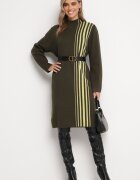 palma Rochie Midi Verde închis cu guler semi-înalt cu croială dreaptă cu dungi Pregora