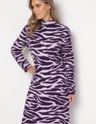 palma Rochie mov Midi cu croială lejeră cu imprimeu animal și guler semi-înalt Vissara