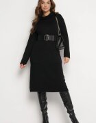 palma Rochie Neagră Dreaptă Midi cu Guler Înalt și Buzunare Bikara