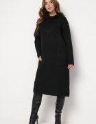 palma Rochie Neagră Dreaptă Midi cu Guler Înalt și Buzunare Bikara