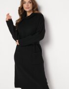 palma Rochie Neagră Dreaptă Midi cu Guler Înalt și Buzunare Bikara