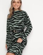 palma Rochie Verde închisă Midi cu Croială Lejeră cu Imprimeu Animal și Guler Semirulat Vissara