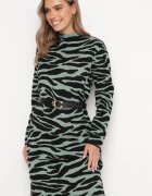 palma Rochie Verde închisă Midi cu Croială Lejeră cu Imprimeu Animal și Guler Semirulat Vissara