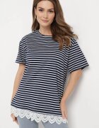 palma Tricou Bleumarin din bumbac în dungi cu dantelă decorativă Priscaia