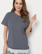 palma Tricou Bleumarin din bumbac în dungi cu dantelă decorativă Priscaia