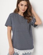 palma Tricou Bleumarin din bumbac în dungi cu dantelă decorativă Priscaia