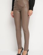  Pantaloni Bej Căptușiți cu Talie Înaltă din Imitație de Piele Decorați cu Fermoar Filanis