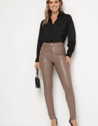  Pantaloni Bej Căptușiți cu Talie Înaltă din Imitație de Piele Decorați cu Fermoar Filanis