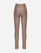  Pantaloni Bej Căptușiți cu Talie Înaltă din Imitație de Piele Decorați cu Fermoar Filanis