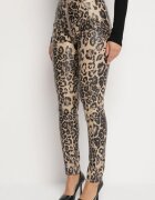  Pantaloni Bej-Negru Groși cu imprimeu leopard cu talie înaltă din imitație de piele decorați cu fermoar Filanis