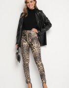  Pantaloni Bej-Negru Groși cu imprimeu leopard cu talie înaltă din imitație de piele decorați cu fermoar Filanis