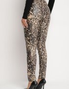  Pantaloni Bej-Negru Groși cu imprimeu leopard cu talie înaltă din imitație de piele decorați cu fermoar Filanis
