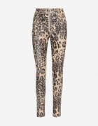  Pantaloni Bej-Negru Groși cu imprimeu leopard cu talie înaltă din imitație de piele decorați cu fermoar Filanis