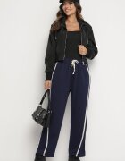  Pantaloni bleumarin largi cu adaos de viscoză cu talie înaltă și curea Lulula