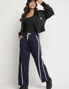  Pantaloni bleumarin largi cu adaos de viscoză cu talie înaltă și curea Lulula