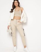  Pantaloni Joggere Bej deschis din bumbac cu talie înaltă și curea decorativă pe buzunar Bacara