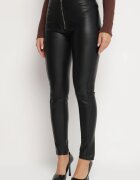  Pantaloni mulați negri cu talie înaltă din piele ecologică decorați cu cusături Sewiona
