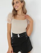 Pantaloni scurți Negri din Material Lucios cu Curea Decorativă Phyrria