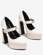  Pantofi Bej din Satin cu Toc Gros Înalt și Platformă Vinge