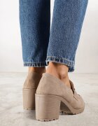  Pantofi Bej închis din piele întoarsă ecologică cu toc bloc și talpă groasă cu cataramă metalică Eyota