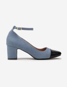  Pantofi cu toc Albastru deschis cu toc gros cu baretă la gleznă și vârf decorativ Forina