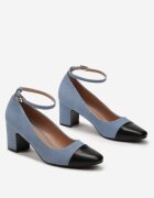  Pantofi cu toc Albastru deschis cu toc gros cu baretă la gleznă și vârf decorativ Forina