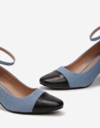  Pantofi cu toc Albastru deschis cu toc gros cu baretă la gleznă și vârf decorativ Forina