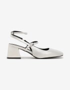  Pantofi cu toc albi din piele ecologică lăcuită tip slingback cu toc gros cu două curele Xeralia