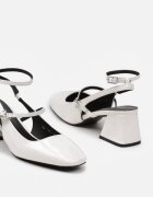  Pantofi cu toc albi din piele ecologică lăcuită tip slingback cu toc gros cu două curele Xeralia