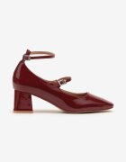  Pantofi cu toc bordeaux din piele ecologică lăcuită pe toc gros cu două catarame Tevia