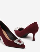  Pantofi cu toc Bordò pe toc stiletto decorați cu cataramă cu zirconii Zinsira