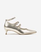  Pantofi cu toc lăcuiți aurii stiletto tip rață cu barete decorative Augustinsa