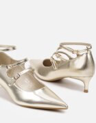  Pantofi cu toc lăcuiți aurii stiletto tip rață cu barete decorative Augustinsa