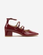  Pantofi cu toc mic Bordeaux cu trei curele decorative și catarame Amantia