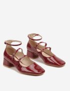  Pantofi cu toc mic Bordeaux cu trei curele decorative și catarame Amantia