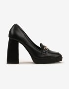  Pantofi cu toc Negri pe toc gros înalt cu platformă și cataramă în stil mocasini Ledda