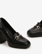  Pantofi cu toc Negri pe toc gros înalt cu platformă și cataramă în stil mocasini Ledda