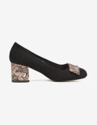  Pantofi cu toc negri pe toc gros ornamentat cu fundă Flomes