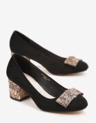  Pantofi cu toc negri pe toc gros ornamentat cu fundă Flomes