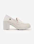  Pantofi gri deschis cu toc gros cu platformă joasă stil mocasin din imitație de piele întoarsă Aricandia