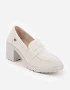  Pantofi gri deschis cu toc gros cu platformă joasă stil mocasin din imitație de piele întoarsă Aricandia