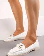  Pantofi joși Albi Loafersy Decorați cu Cataramă Zirconii și Perforație Jalessa