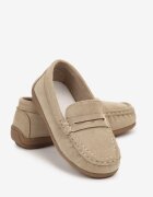  Pantofi Mocasini Bej Plati cu Cusătură Decorativă și Branț din Piele Rirvia