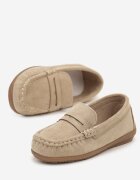  Pantofi Mocasini Bej Plati cu Cusătură Decorativă și Branț din Piele Rirvia