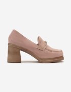  Pantofi Mocassini Roz cu toc gros înalt cu Zirconii Remenia
