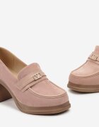  Pantofi Mocassini Roz cu toc gros înalt cu Zirconii Remenia