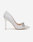  Pantofi stiletto Argintii cu sclipici cu fundiță și toc metalic Miarsea